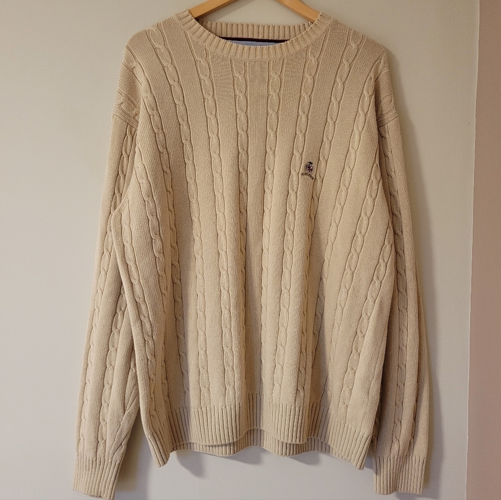 Vintage Y2K Tommy Hilfiger Men's Cotton Cable Knit Sweater Beige Preppy Sz Large